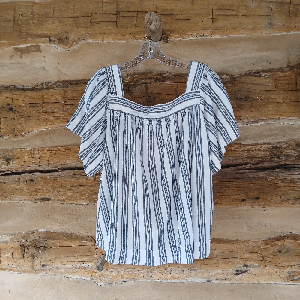 LOFT Black & White Striped Flutter Sleeve Blouse XL - Picture 5 of 8
